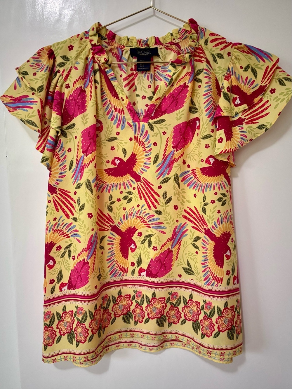 Rachel Zoe| Yellow Blouse w/Red, Green & Blue Parrot Floral Print Sz S